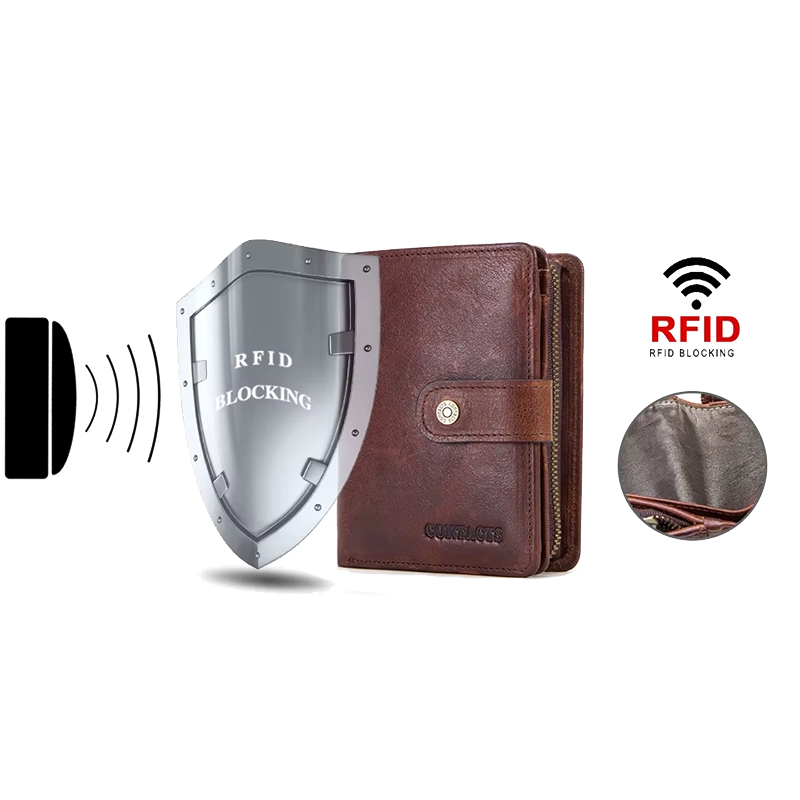 Portefeuille En Cuir Véritable Pour Homme Avec Protection RFID – Double Ouverture, Compartiments Multiples, Marron, Boîte Cadeau