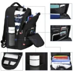 Sac à dos antivol PEGASUS avec cadenas TSA, port USB et détails rouges réfléchissants.