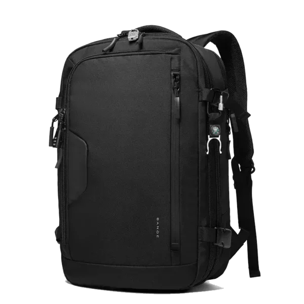 Sac à dos BANGE LEANDER noir, antivol, extensible 55L pour voyage et quotidien.