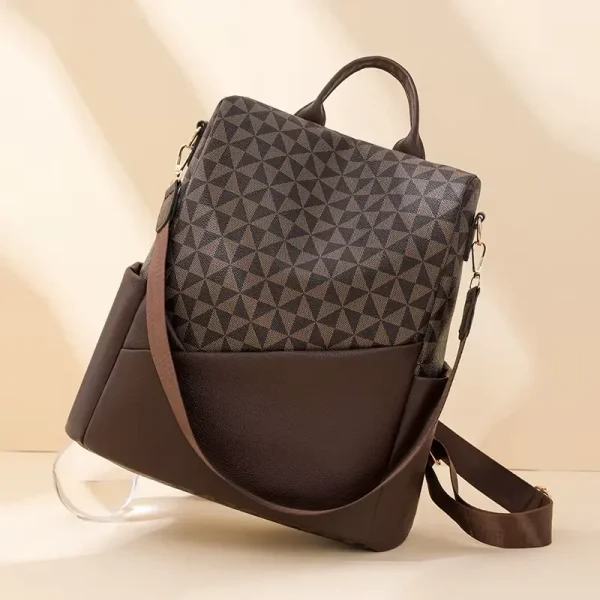 Sac Antivol Femme Cuir PU Bicolore Losanges Marron