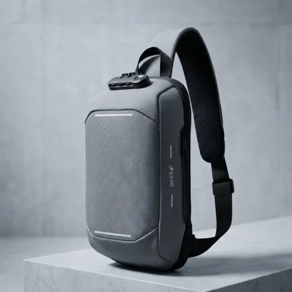 Sac bandoulière KILIAN antivol, coque semi-rigide grise urbain, port USB.