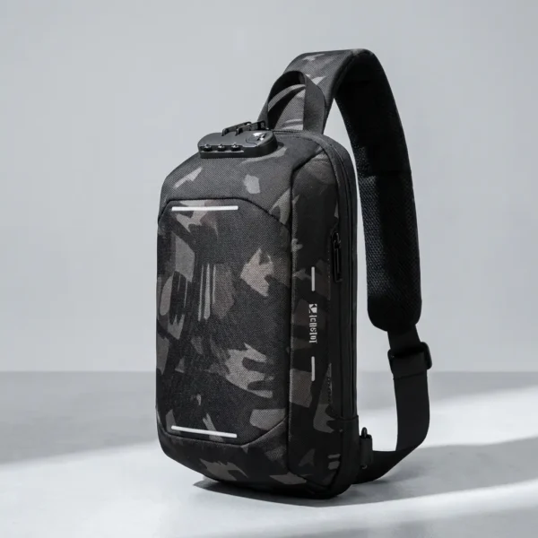 Sac bandoulière KILIAN antivol, coque semi-rigide camouflage urbain, port USB.