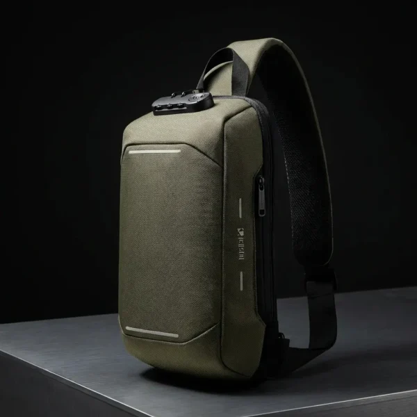 Sac bandoulière KILIAN antivol, coque semi-rigide vert kaki urbain, port USB.